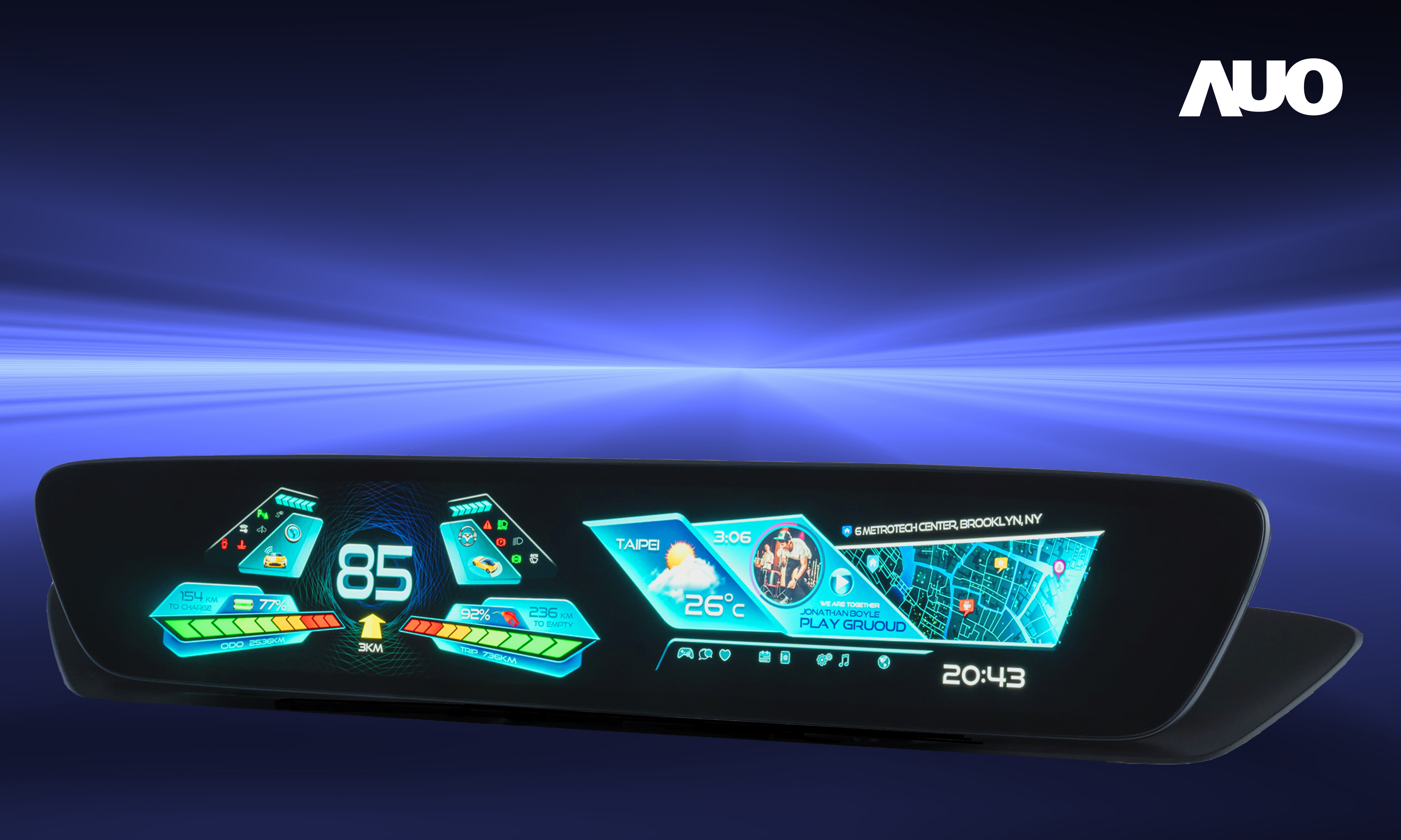 友達30.4吋異形曲面AmLED車載顯示系統，為一兼具儀表板及中控台人機介面的創新車載顯示系統，結合美學設計，提升車內科技沉浸感及使用體驗，讓車載顯示的未來應用更加多元化