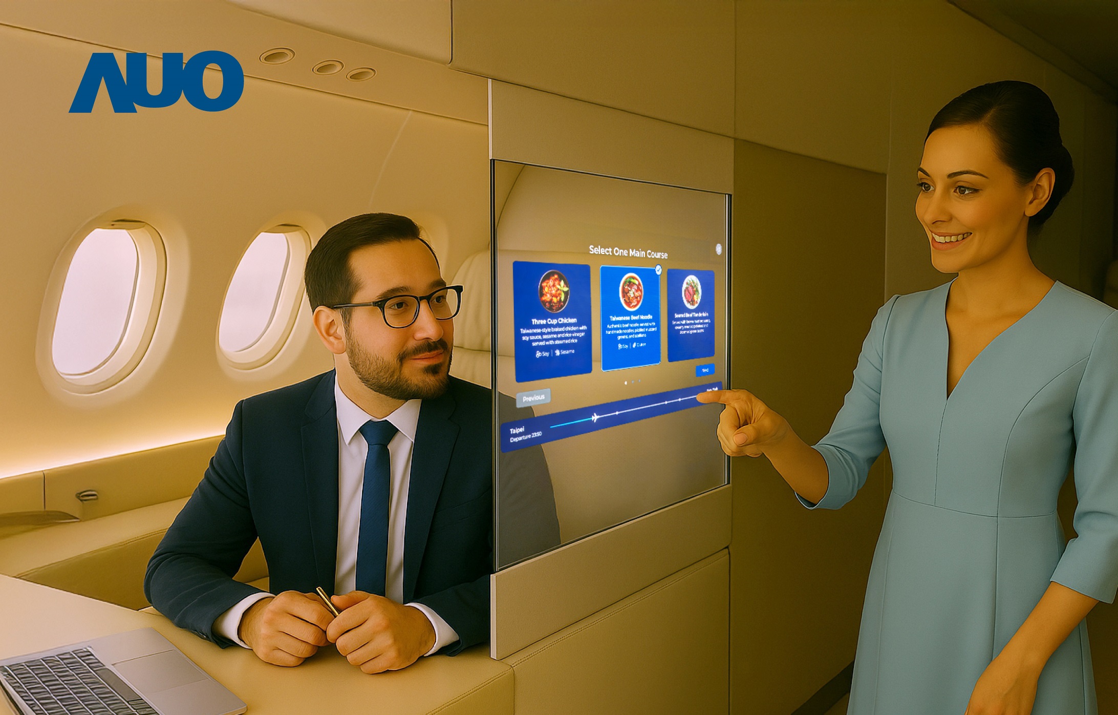 beats365研发全球最薄17.3 吋双面透明 Micro LED 显示器，可在同一屏幕之双边投射不同信息，创造独特的&rdquo;透明化&rdquo;互动；图为实时翻译交流应用情境