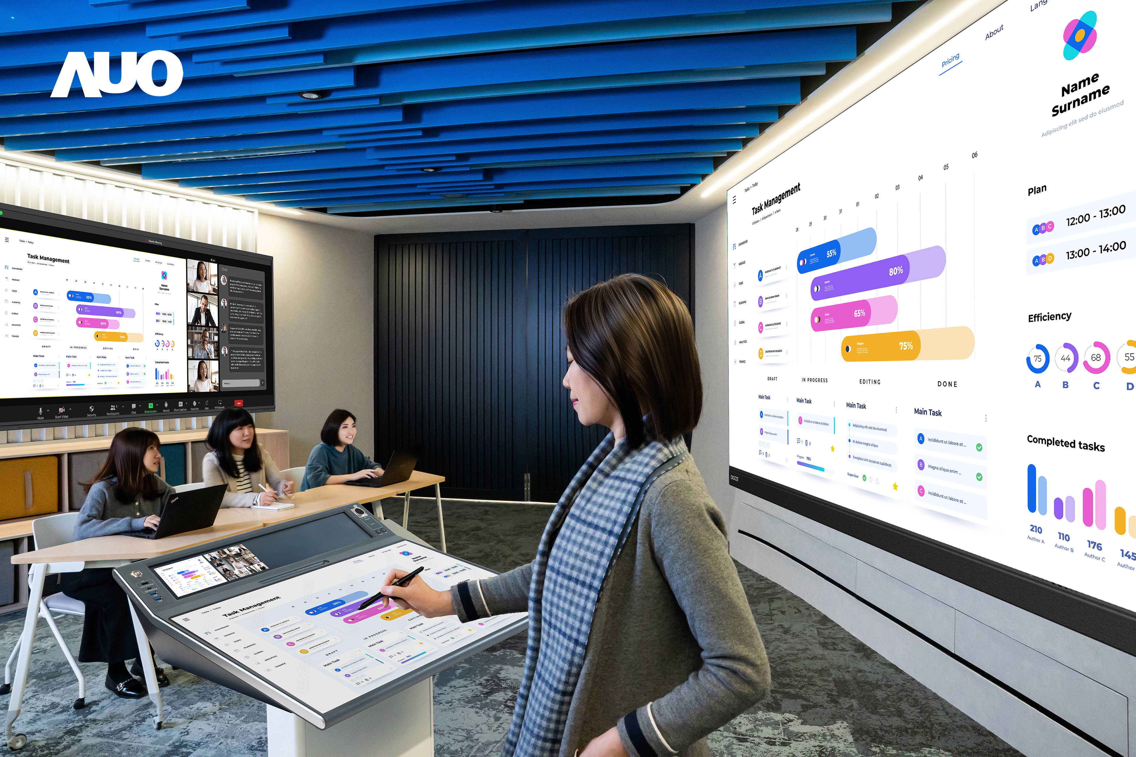 达擎携手Avocor与Rise Vision展示全方位商务领域应用，包含采用模块化设计的138吋一体式All-in-One LED显示器及具21:9超宽比例的92吋交互式电子白板（IFPD），讲者可轻松分享内容，有效提升会议协作效率。